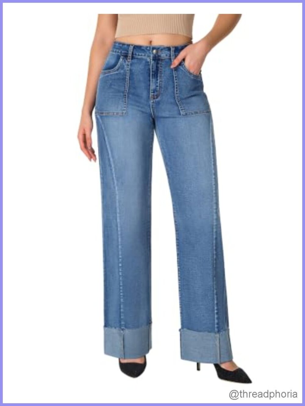 High Waisted Wide Leg Jeans Cuffed Stretchy Denim